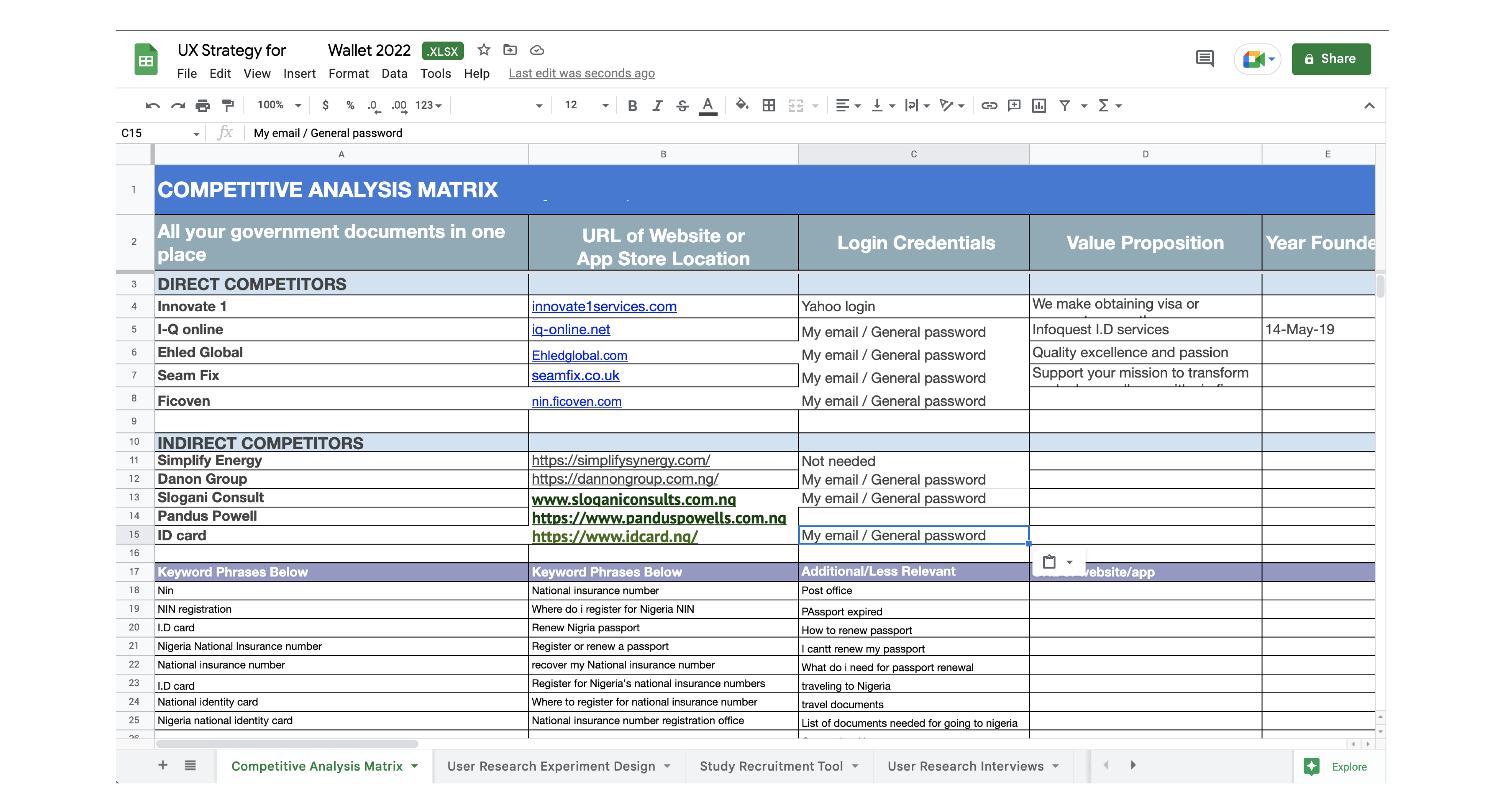 Abdul's project topic: Strategy, User needs and business goals. An image showing Abdul's UX strategy google document.