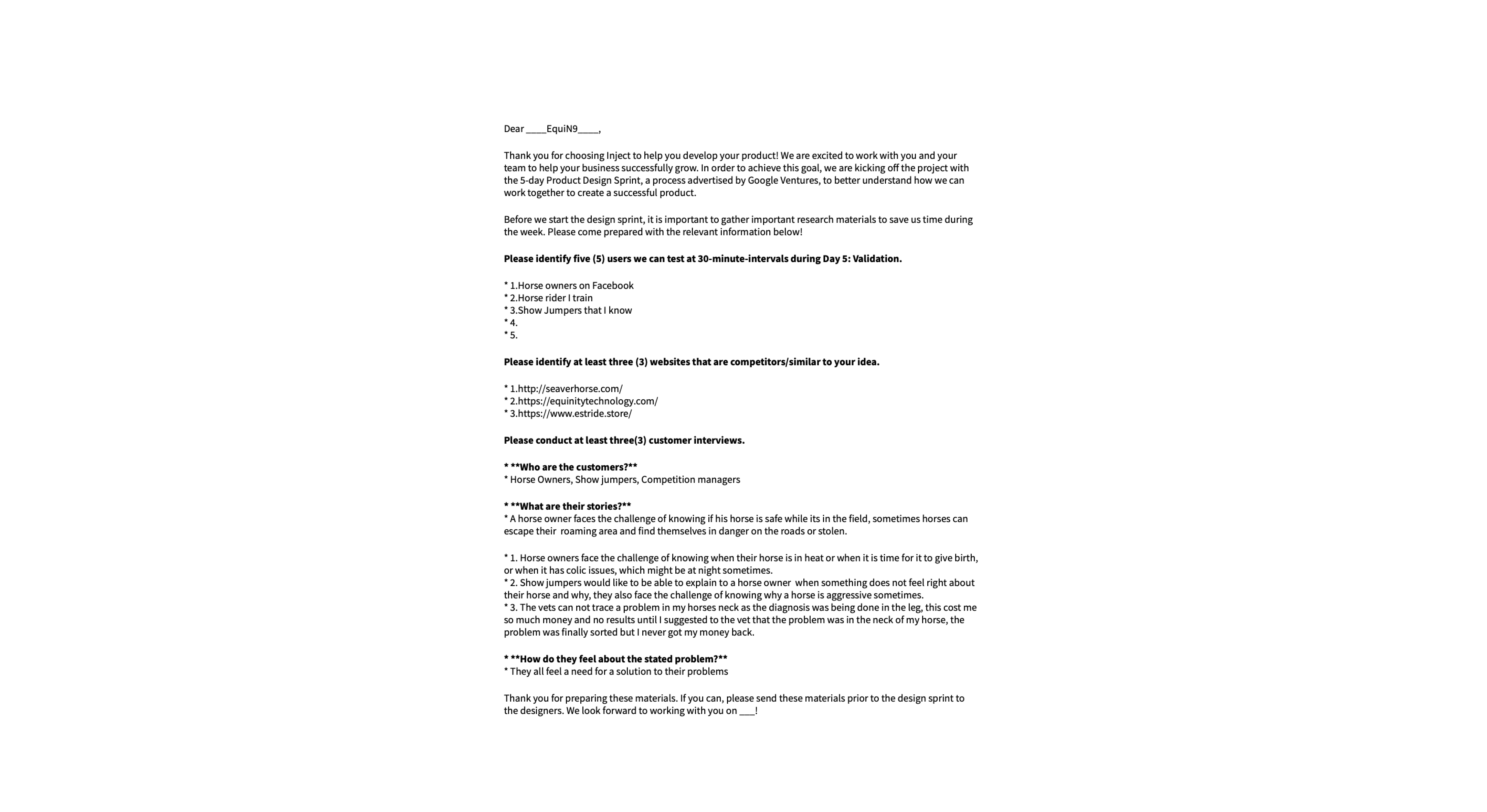 Abdul's portolio project tittled: N9, a Fitbit for Horses. image of the the pre sprint written on paper.