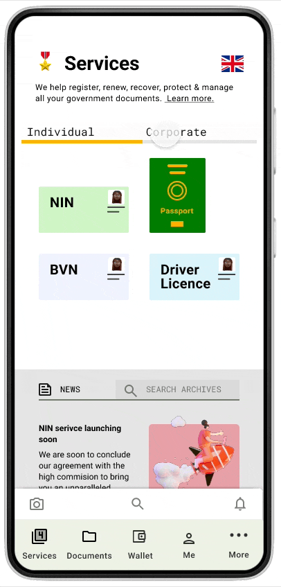 Abdul's portolio project tittled: Categorising services. Image of a mobile phone Hightt-fidelity prototype of Greenwallet.