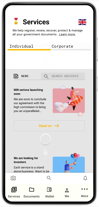 Abdul's portolio project tittled: News. Image of a high fidelity prototype of the news section on mobile phone.