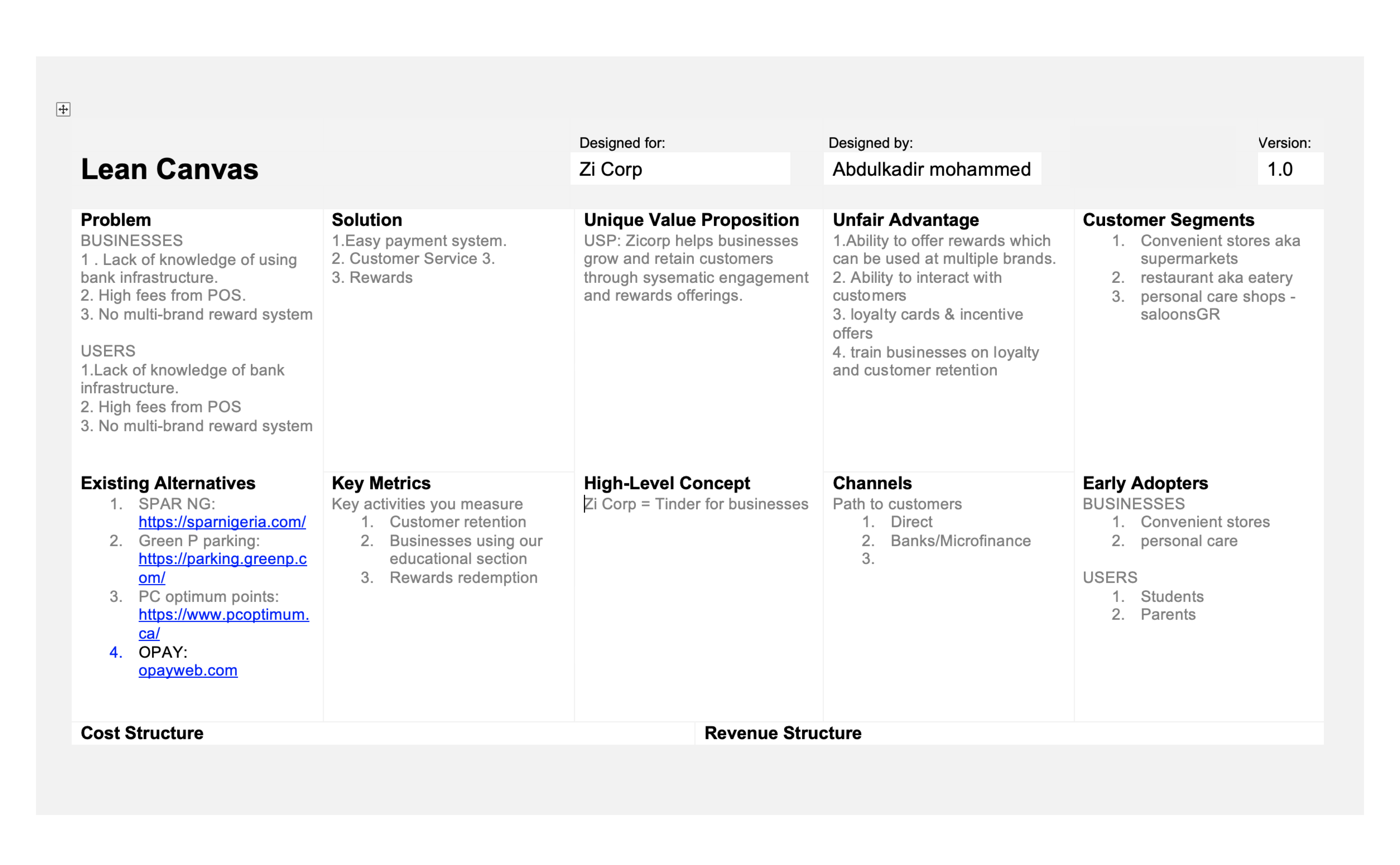 Abdul's portfolio project tittled: Zipay, An image of the lean business model